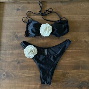 SHEIN Black Bikini with White Floral Detail